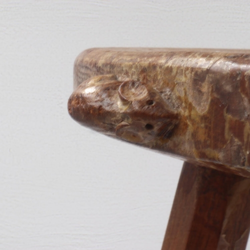 326A - Robert Mouseman Thompson three legged stool with mouse carved to seat edge, H: 46 cm. Not available ... 