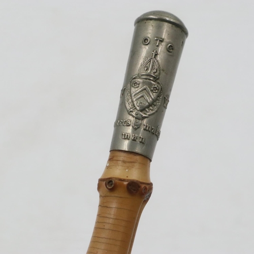 2165 - Officers Training Corps bamboo swagger stick with white metal top motto is Manners Maketh Man. UK P&... 