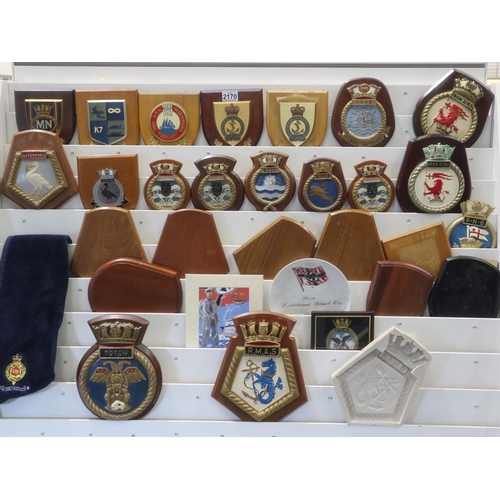 2170 - Collection of submarine and naval crest plaques, mostly mounted, with further wood blanks and a moul... 