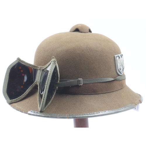 2177 - WWII German Africa Corps 2nd pattern Tropical helmet with sand goggles. Nice clean example  but lack... 