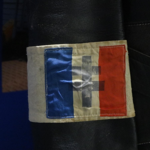 2205 - WWII period leather coat with a French Resistance armband. Both pieces were found together. UK P&P G... 