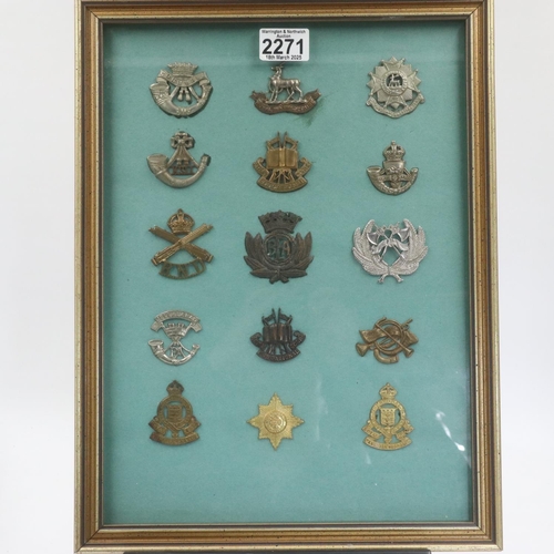 2271 - Fifteen mixed regimental cap badges, mounted, framed and glazed. Not available for in-house P&P