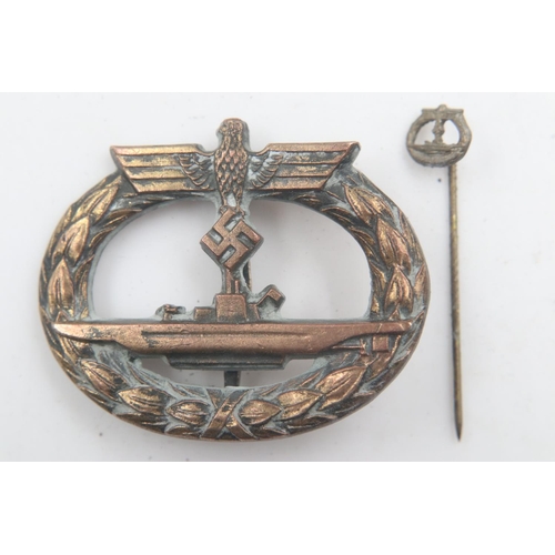 2295 - WWII German Kriegsmarine U-Boat Crew Badge. Maker Scherwin, Berlin & Lapel Stick Pin. UK P&P Group 1... 