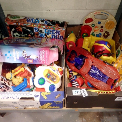 1016 - Two boxes of mixed childrens toys to include a 1997 Marvel Spiderman car. Not available for in-house... 