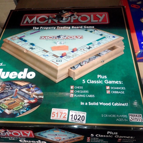 1020 - Wooden Monopoly companion set to include Cluedo & Chess. Not available for in-house P&P