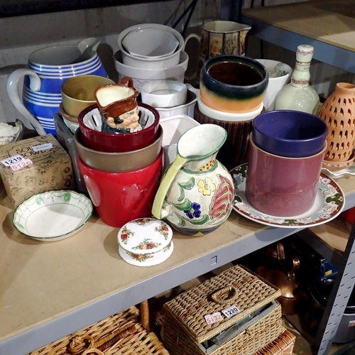 1219 - Shelf of mixed ceramics and studio pottery, including Royal Doulton. Not available for in-house P&P