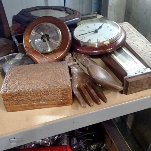 1234 - Collection of treen items, including a mahogany cased barometer, carved trinket box etc. Not availab... 