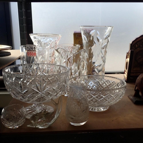 1261 - Quantity of glassware, including substantial vases, pedestal bowl and a boxed decanter. Not availabl... 