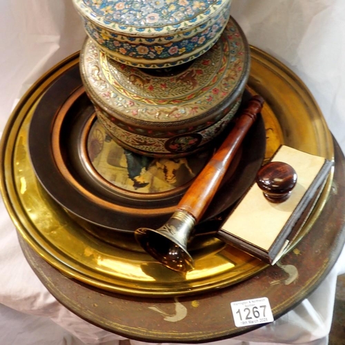 1267 - Assorted metal ware, including chargers and biscuit tins. Not available for in-house P&P