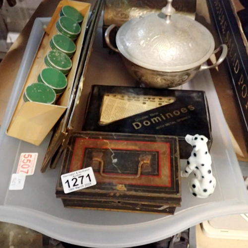 1271 - Mixed collectables including a silver plated sauce tureen, brass bound box and dominos. Not availabl... 