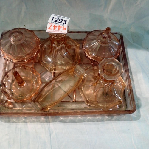 1293 - Seven piece rose glass dressing table set. Not available for in-house P&P