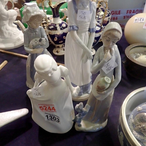 1303 - Four ceramic figures including a Royal Doulton bridesmaid and two Nao figures. Not available for in-... 