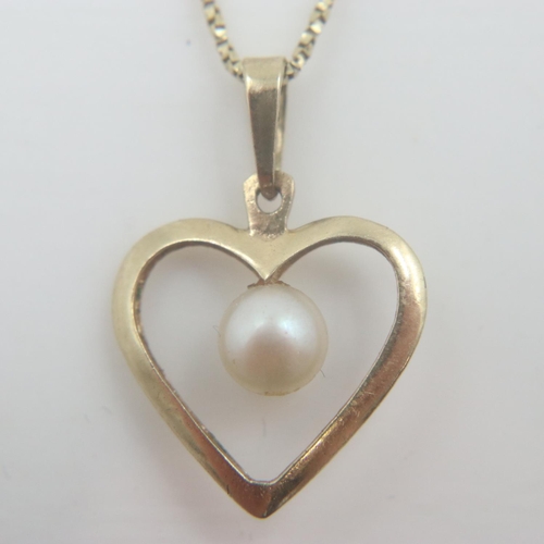 15 - 9ct gold pearl-set heart form pendant, on a 9ct gold box-link neck chain, pendant 15 x 20mm, 1.9g. U... 