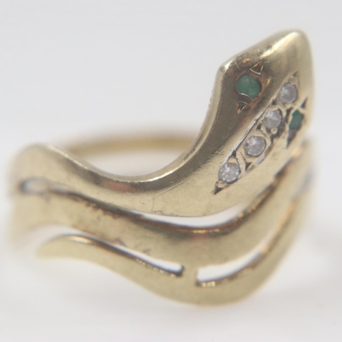 16 - 14ct gold, emerald and diamond snake ring, size M/N, 2.8g. UK P&P Group 0 (£6+VAT for the first lot ... 