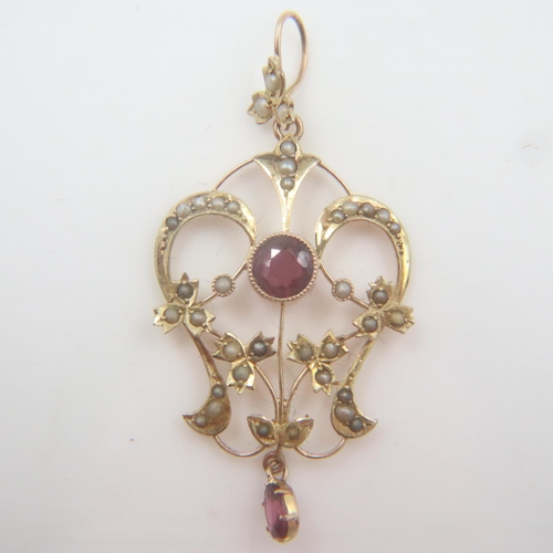 2 - Edwardian 9ct gold amethyst and split-pearl pendant, drop L: 45mm, 2.6g. UK P&P Group 0 (£6+VAT for ... 