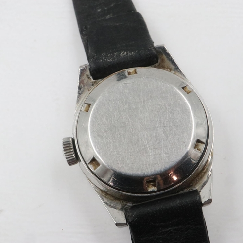 60 - TISSOT: ladies steel cased automatic Seastar wristwatch, on a black leather strap, working at lottin... 