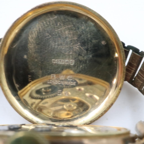 66 - 1920s 9ct gold cased wristwatch on a rolled gold bracelet, not working at lotting. UK P&P Group 1 (£... 