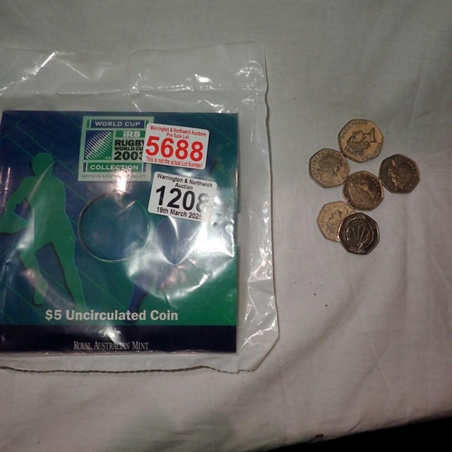 1208 - 2003 Rugby World Cup coins and six 50ps. UK P&P Group 1 (£16+VAT for the first lot and £2+VAT for su... 