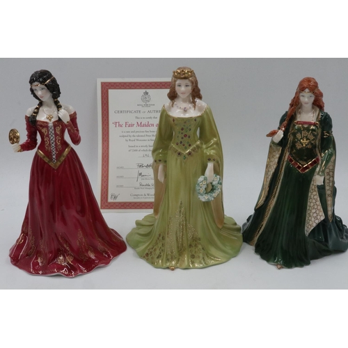 156 - Three Royal Worcester figurines, Golden Girl of the May, Princess of Tara and Fair Maiden of Astolat... 