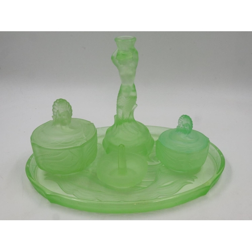 174 - Uranium glass mermaid dressing table set. Not available for in-house P&P