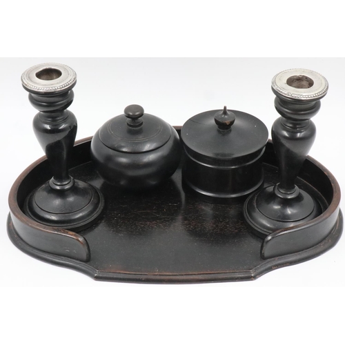 224 - Ebony dressing table set with hallmarked silver topped candlesticks. UK P&P Group 2 (£20+VAT for the... 