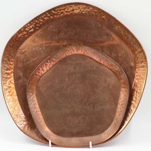 237 - Teachers whisky engraved copper tray and a smaller example, largest D: 32 cm. Not available for in-h... 