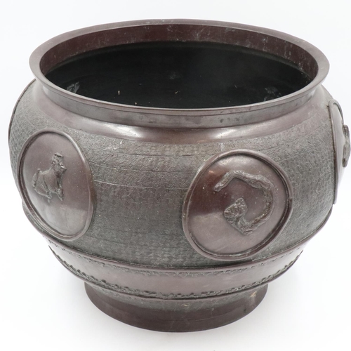 245 - Substantial Japanese Meiji period bronze planter with applied and incised decoration, D: 35cm. UK P&... 