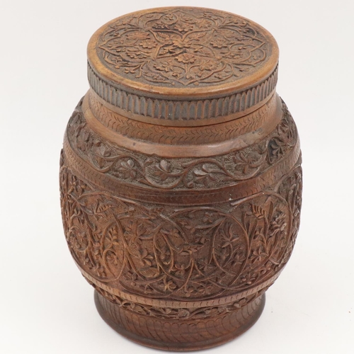 246 - Carved wooden Oriental lidded pot, H: 17 cm. UK P&P Group 1 (£16+VAT for the first lot and £2+VAT fo... 