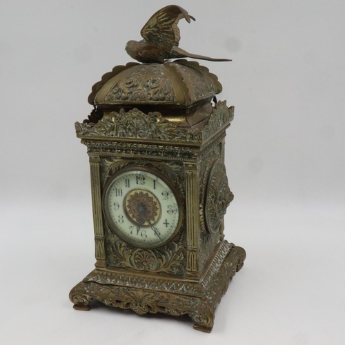 256 - Ornate brass mantel clock with brass and enamel face with keys, H: 35 cm. UK P&P Group 3 (£30+VAT fo... 