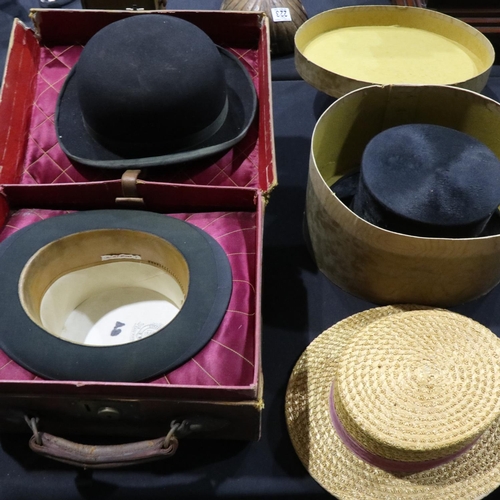 273 - Four gentlemans hats, bowler, boater and a boxed top. Not available for in-house P&P