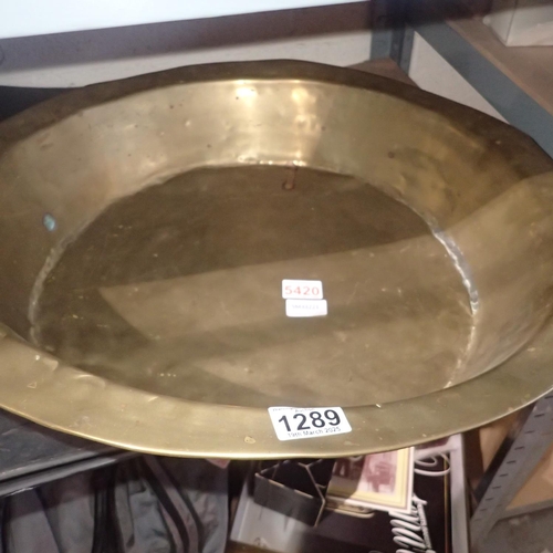 1289 - Large brass bowl, some repairs, D: 54 cm. Not available for in-house P&P