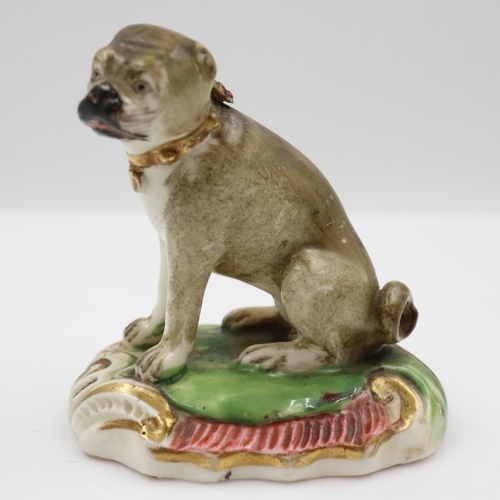 114 - Duesbury Derby model of a seated pug dog on scrolled moulded base, unmarked , c. 1790-95 Derby porce... 