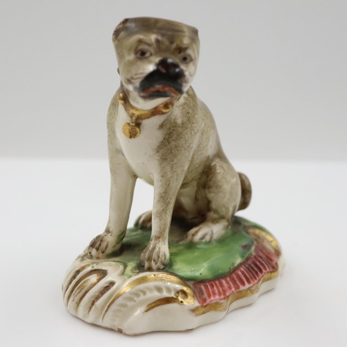 114 - Duesbury Derby model of a seated pug dog on scrolled moulded base, unmarked , c. 1790-95 Derby porce... 