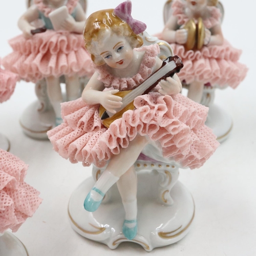 125 - Seven 20th century Sitzendorf seated ballerina band figurines, some minor losses, H: 11 cm. UK P&P G... 