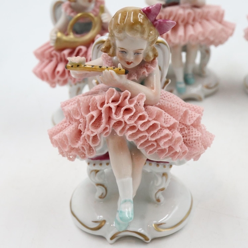 125 - Seven 20th century Sitzendorf seated ballerina band figurines, some minor losses, H: 11 cm. UK P&P G... 