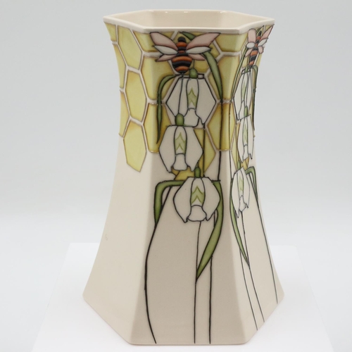 147 - Kerry Goodwin for Moorcroft, tapering hexagonal vase in the Scented Snowdrops pattern, no cracks or ... 