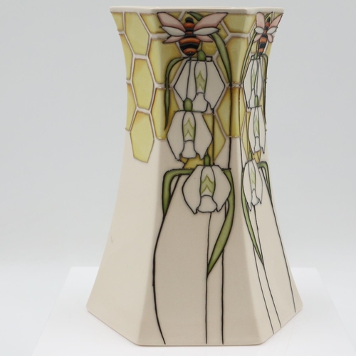147 - Kerry Goodwin for Moorcroft, tapering hexagonal vase in the Scented Snowdrops pattern, no cracks or ... 