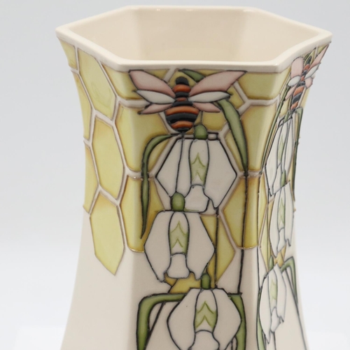 147 - Kerry Goodwin for Moorcroft, tapering hexagonal vase in the Scented Snowdrops pattern, no cracks or ... 