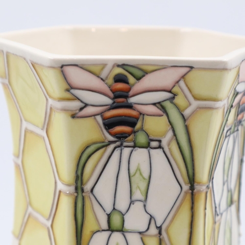 147 - Kerry Goodwin for Moorcroft, tapering hexagonal vase in the Scented Snowdrops pattern, no cracks or ... 