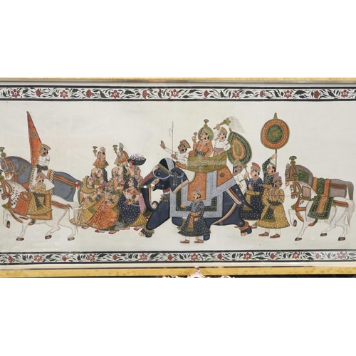 166 - 20th century Persian style gouache on silk in a birds eye maple frame, 106 x 51 cm. Not available fo... 