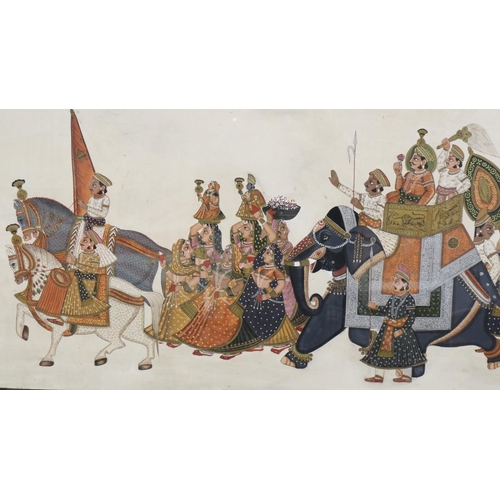 166 - 20th century Persian style gouache on silk in a birds eye maple frame, 106 x 51 cm. Not available fo... 