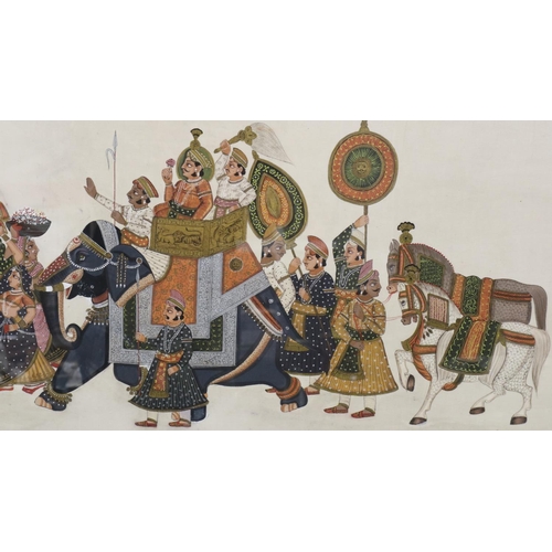 166 - 20th century Persian style gouache on silk in a birds eye maple frame, 106 x 51 cm. Not available fo... 