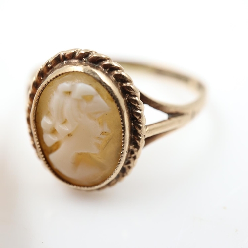 24A - 9ct gold mounted carved shell cameo brooch and a 9ct gold cameo ring, combined 8.4g. UK P&P Group 0 ... 