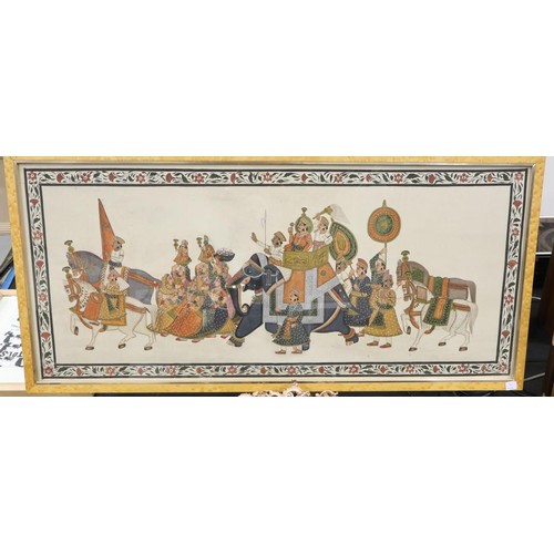 166 - 20th century Persian style gouache on silk in a birds eye maple frame, 106 x 51 cm. Not available fo... 