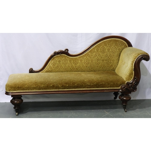 2023 - Victorian heavily carved and upholstered chaise longue, walnut framed with oversized bulbous support... 