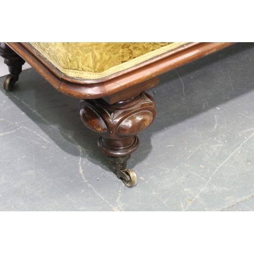 2023 - Victorian heavily carved and upholstered chaise longue, walnut framed with oversized bulbous support... 