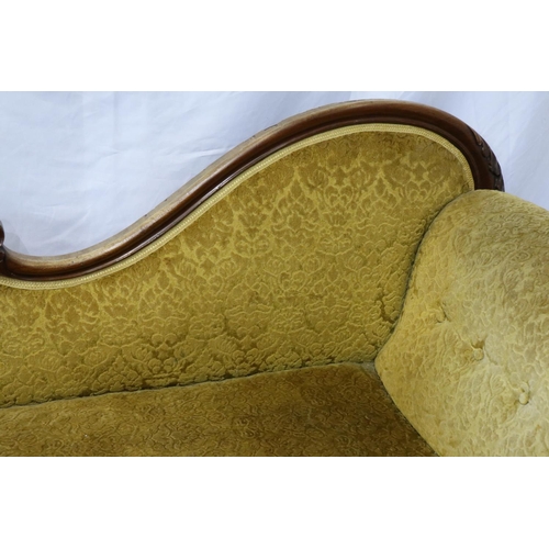 2023 - Victorian heavily carved and upholstered chaise longue, walnut framed with oversized bulbous support... 