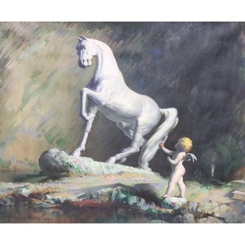 2004 - Orlando Greenwood (1892-1989): oil on canvas, stallion and cherub, image 59 x 49cm, overall 74 x 62c... 