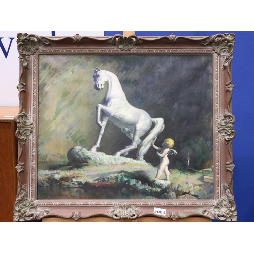 2004 - Orlando Greenwood (1892-1989): oil on canvas, stallion and cherub, image 59 x 49cm, overall 74 x 62c... 