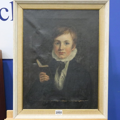 2005 - Late 18th century oil on canvas portrait, schoolboy, in a later frame, unsigned, for restoration, im... 